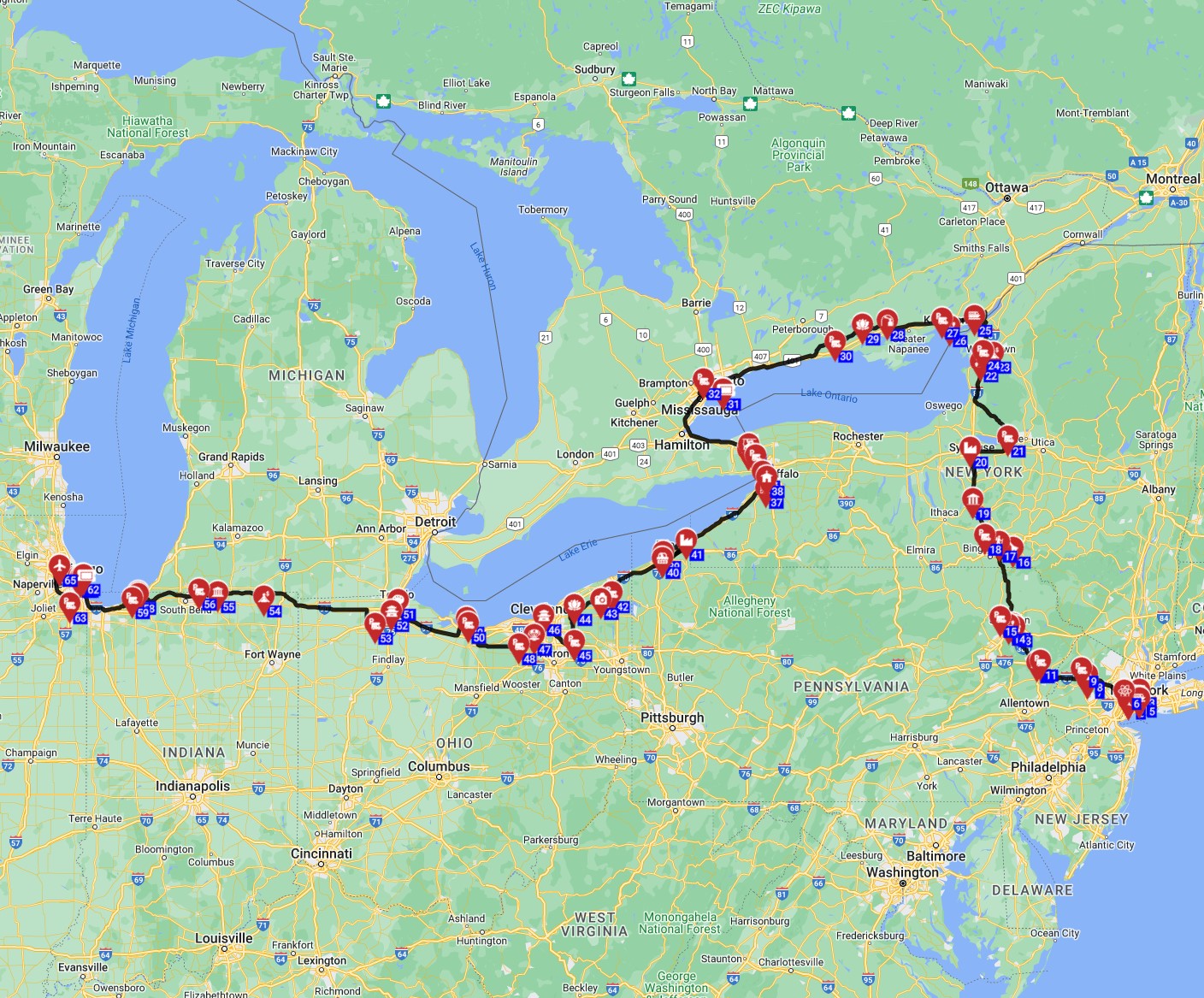 USA RV trip planner a route from New York to Chicago with an RV